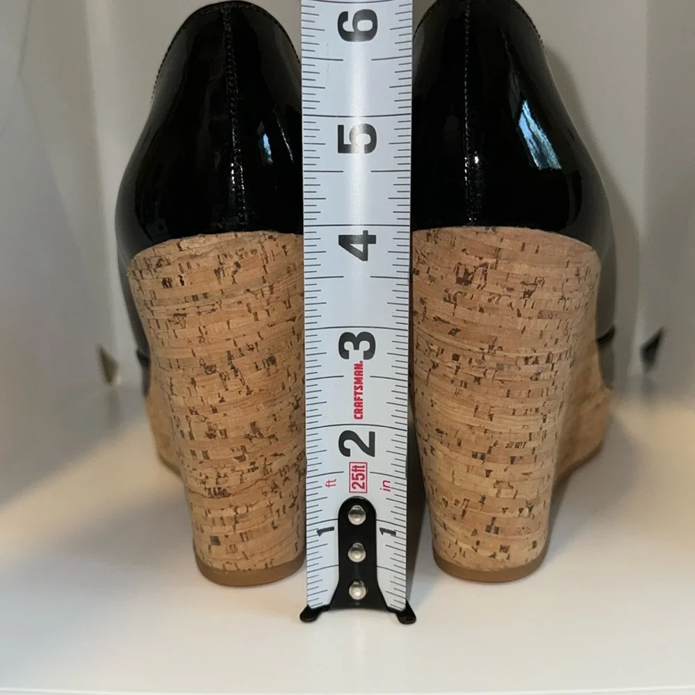 Via Spiga Black Patent Leather & Cork Platform Wedges Peep Toe Women’s 8